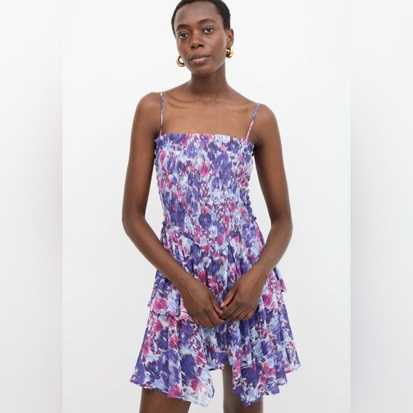 Isabel Marant Etoile Anka Smocked Tiered Cotton Mini Dress Floral Ruffle 38 - Picture 2 of 10